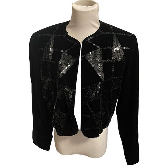 Vintage Brett Harrison Black Velvet Sequin Cropped Jacket Size 6 - Picture 8 of 8